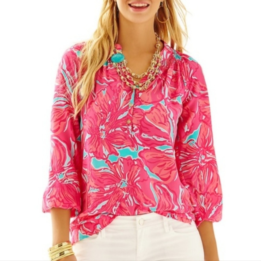 Lilly Pulitzer Else Sea Blue Flirty  Blouse Silk Woman's size 2XS Pink